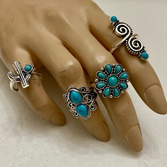 Vintage 4pc Silver Tone- Faux Turquoise Rings (I) - Picture 1 of 13